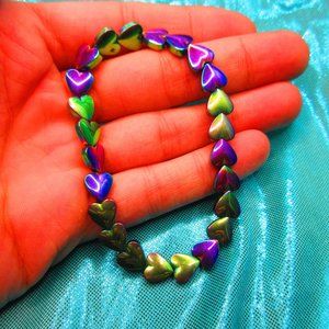 Rainbow Titanium Hematite Hearts 7" Stretchy Gemstone Bracelet